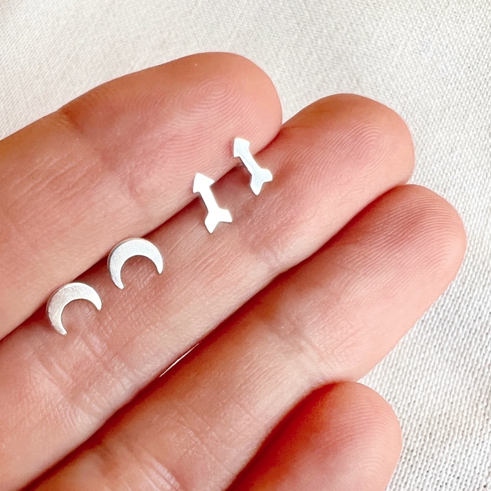 2 Tiny Pairs Southwestern Moon Arrow STERLING SILVER Unisex Stud Earrings Naja